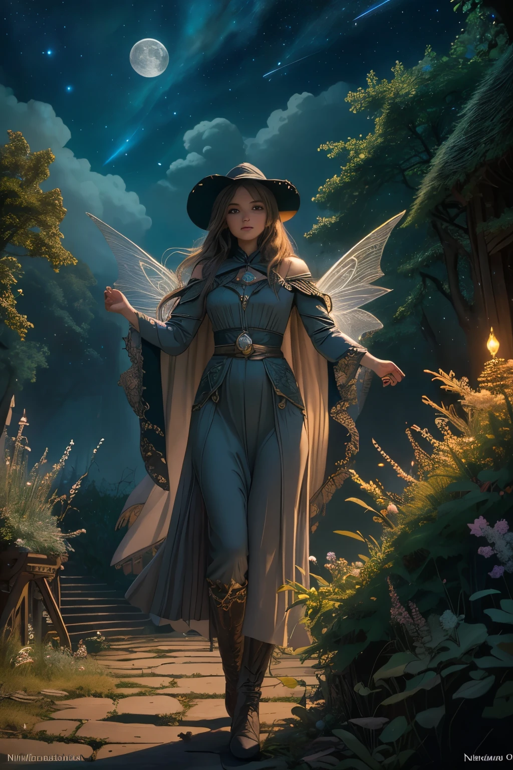 masterpiece, best quality, ultra-detailed, illustration, 1girl, solo, fantasy, flying, broom, night sky, outdoors, magic, spells, moon, stars, clouds, wind, hair, cape, hat, boots, broomstick, glowing, mysterious, enchanting, whimsical, playful, adventurous, , wonder, imagination, determination, skill, speed, movement, energy, realism, naturalistic, figurative, representational, beauty, fantasy culture, mythology, fairy tales, folklore, legends, witches, wizards, magical creatures, fantasy worlds, composition, scale, foreground, middle ground, background, perspective, light, color, texture, detail, beauty, wonder.