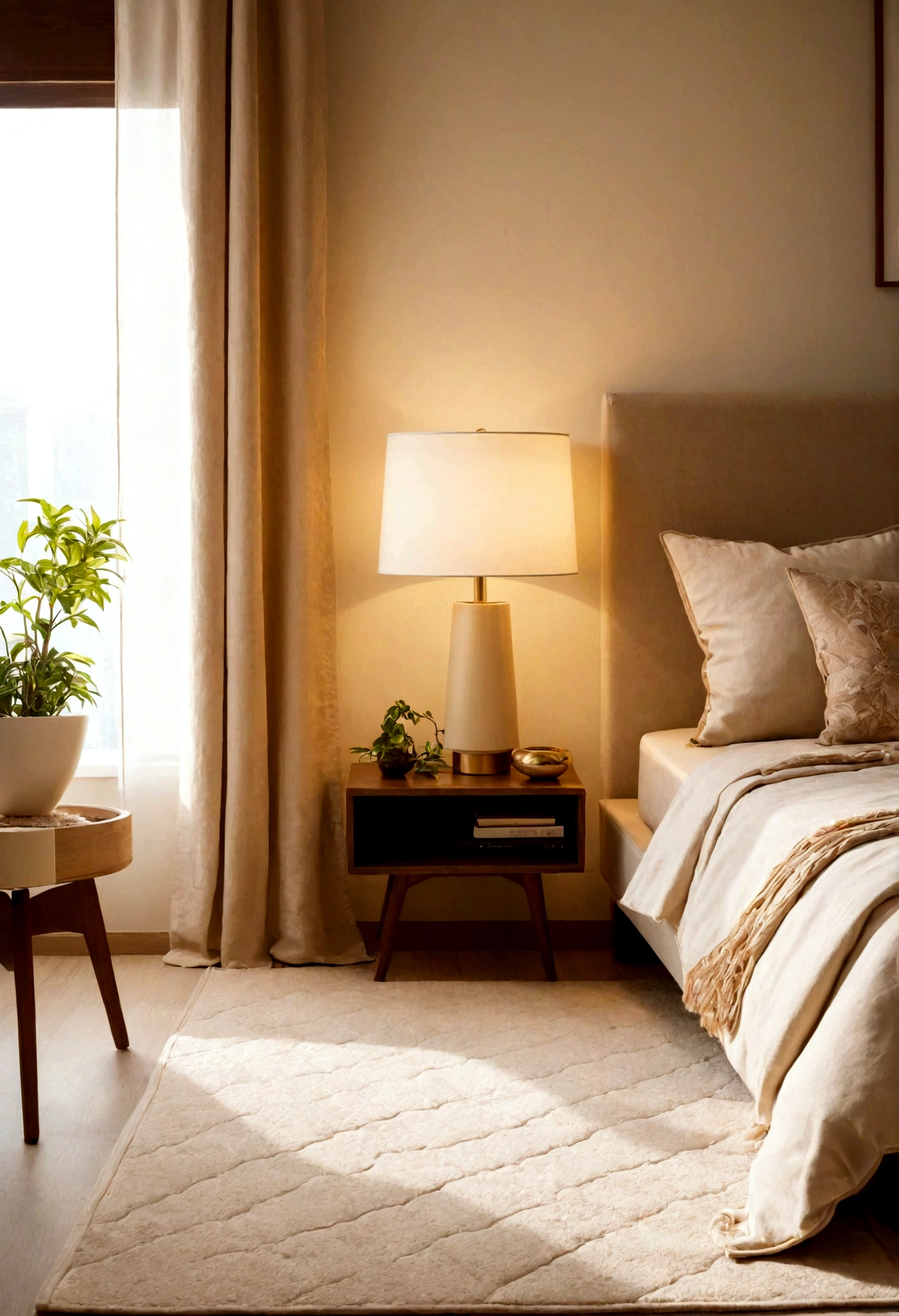 Creamy room，There is a bed，There is a quilt and pillow on it，carpet, 宁静的bedroom环境, Sunlight, plant，Bedside Table，curtain，lamp，interior design photography, bedroom, bedroom内饰, award winning interior design, furniture photography, Beige atmosphere, 丰富的lamp光, Interior photography