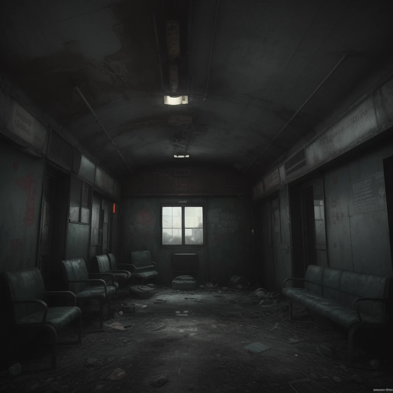 there is a small shelter with a chair in the middle of it, dark city bus stop, soviet bus stop, abandoned bus stop, cyberpunk bus stop, bus stop, with 3 d render, with 3d render, post apocalyptic police station, temporary emergency shelter, abandoned night hangar, post apocalyptic building, bus station, subway station, containment pod, silent hill concept art