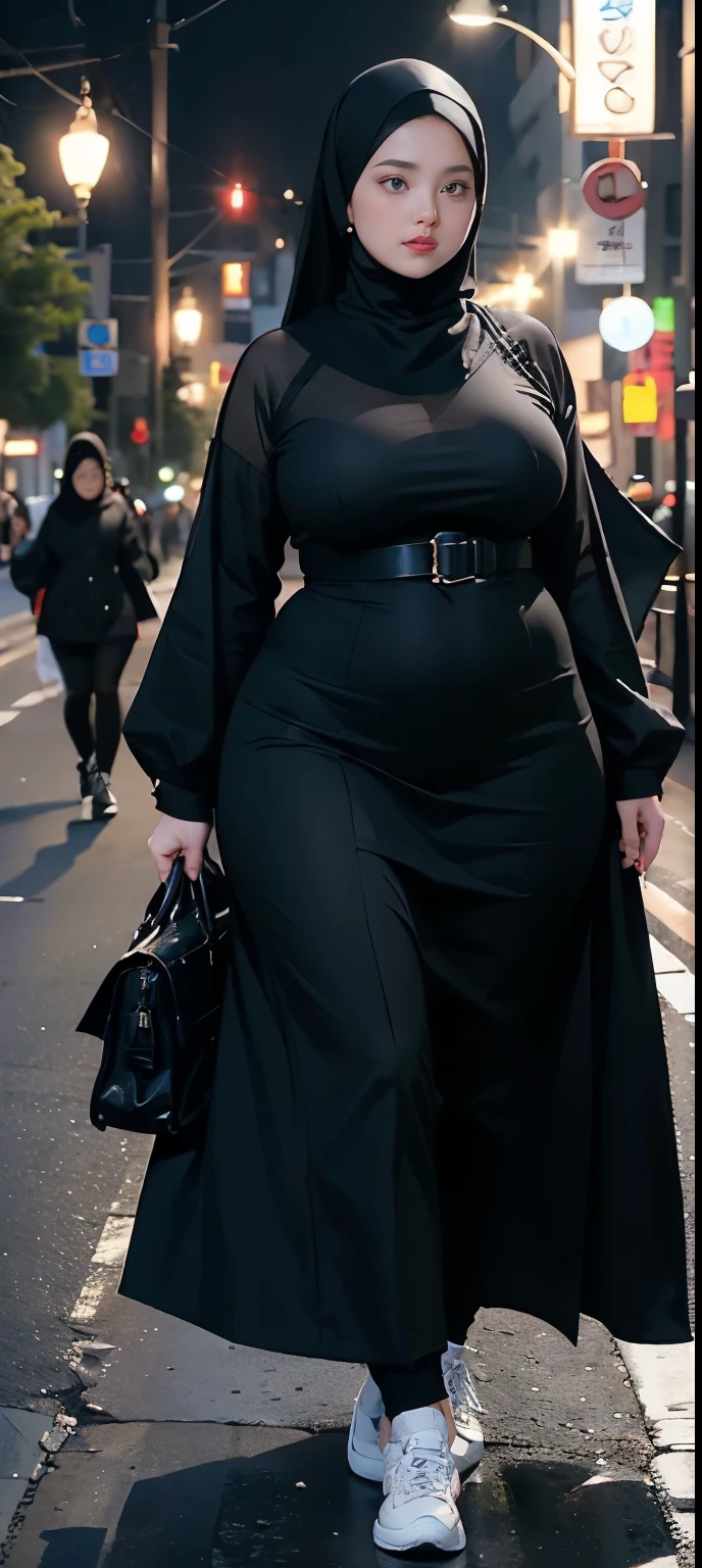 Milky white skin woman in black dress and hijab walking down the street, , hijab outfit, , hijab fashion model, plus size, plus size woman, , woman in black robes, beautiful woman, thicc, black outfit,, bbwchan , white sneakers , Height 170 cm, beautiful woman, with a beautiful appearance, a very beautiful masterpiece, a masterpiece of art, good lighting, Bright colors, Clean lines