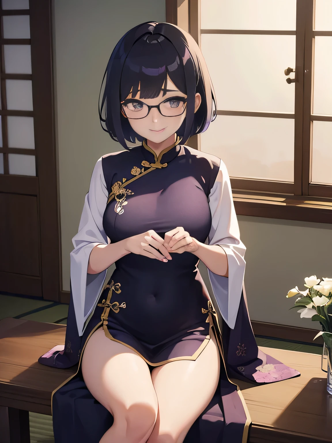(1girl:1.3), Masterpiece, Best quality, amazing beauty, [[3D]], 4K, absurdres, finely detail, super detailed eye, perfect anatomy, official art, cinematic lighting, BREAK, Japanese-style room, silky short hair, silky wavy hair, asymmetrical bangs, purple hair, super shiny detailed brown eyes, tareme, Looking at Viewer(camera), embarrassed, seductive smile, BREAK , usually, slim, shiny skin, sitting chair, BREAK , (China dress:1.2), BREAK,(Glasses)
