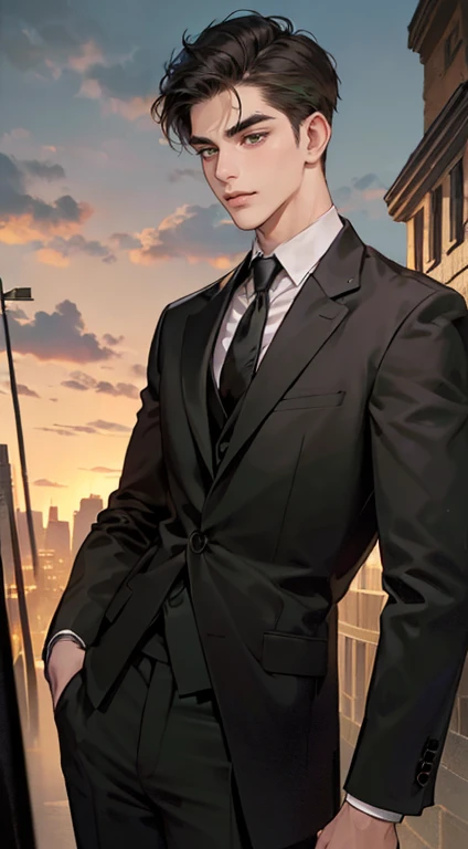 ((a young man in a black suit and tie)), taken in the early 2025s, gotham, alejandro, he looks very sophisticated, (((left side swept black short hair))), (dark green eyes and thick eyebrows), smirk. ((20 years old)), ((Black suite and black tie)), masterpiece, posture dynamic, one person, ((brown skin))