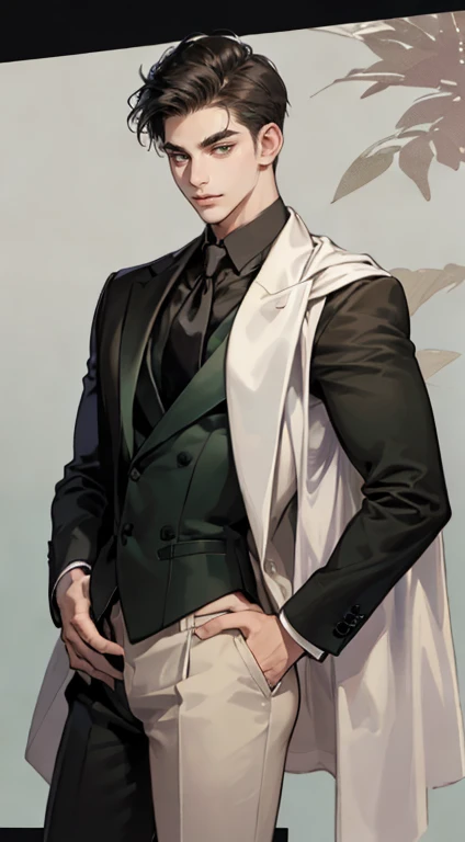 ((a young man in a black suit and tie)), taken in the early 2025s, gotham, alejandro, he looks very sophisticated, (((left side swept black short hair))), (dark green eyes and thick eyebrows), smirk. ((20 years old)), ((Black suite and black tie)), masterpiece, posture dynamic, one person, ((brown skin))