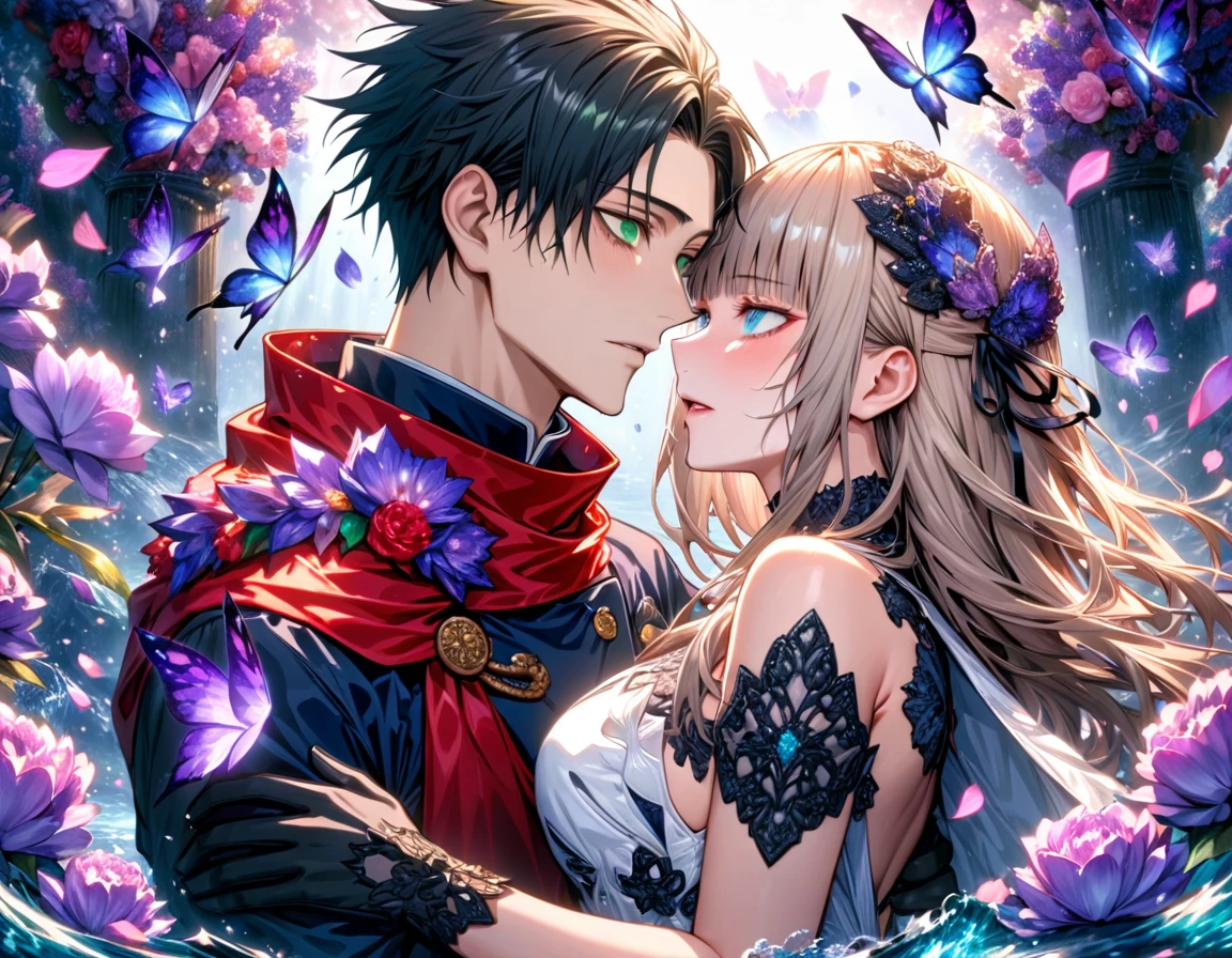 Ultra detailed, highres, absurdres, HDR, master piece, Okkotsu Yuuta, black hair, expressive dark blue eyes, Aida, ash blond hair with bangs, green eyes, white fantasy dress with black patterns, red cape, Jujutsu Kaisen, fantasy, petals, purple butterflies, purple flowers, water, black ribbon on her hair, black gloves, a handsome man together with a beautiful woman, sexy, couple, love, magic, best quality, extremely detailed face and eyes,