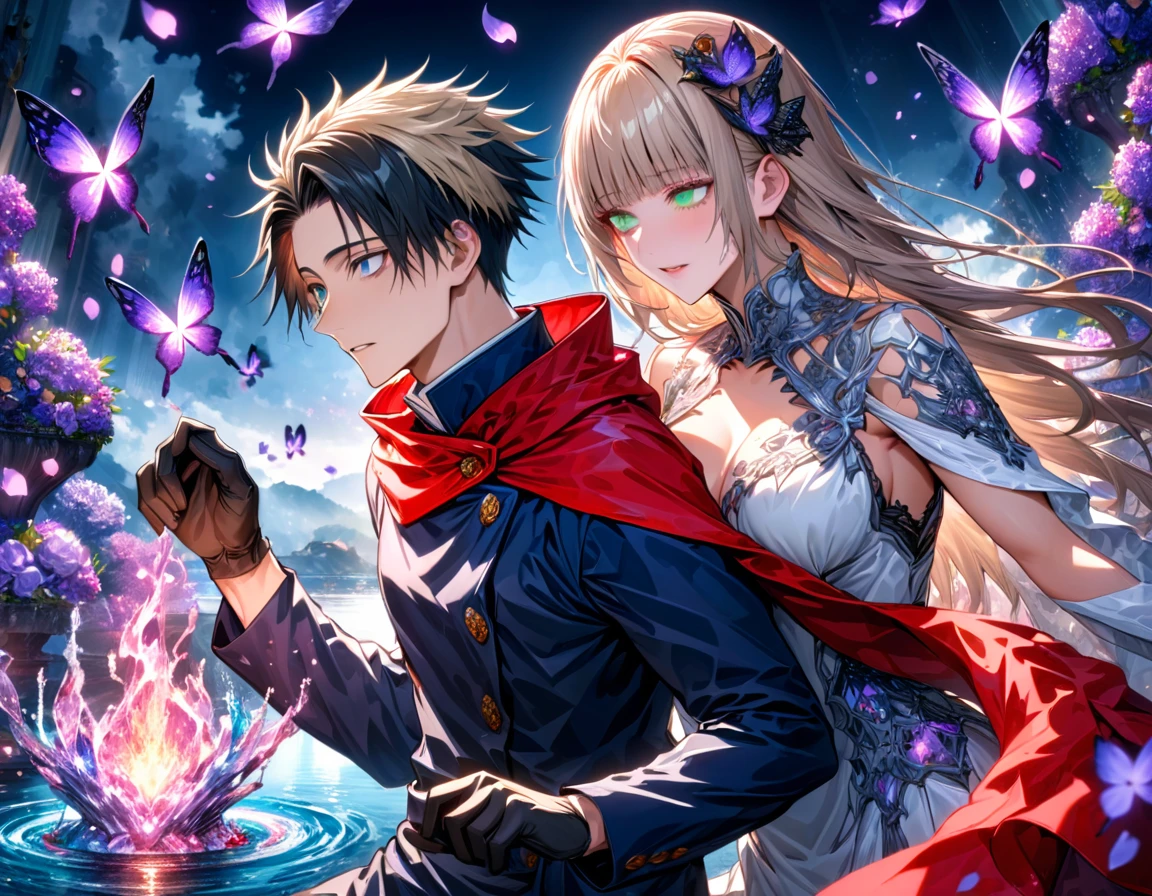 Ultra detailed, highres, absurdres, HDR, master piece, Okkotsu Yuuta, black hair, expressive dark blue eyes, Aida, ash blond hair with bangs, green eyes, white fantasy dress with black patterns, red cape, Jujutsu Kaisen, fantasy, petals, purple butterflies, purple flowers, water, black ribbon on her hair, black gloves, a handsome man together with a beautiful woman, sexy, couple, love, magic, best quality, extremely detailed face and eyes,