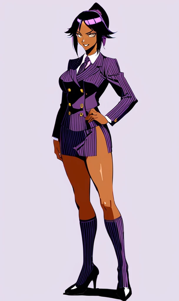 Full body Yoruichi as a thin Black business woman in a double breasted pinstripe purple skirt suit while wearing a tie with a long purple pinstripe skirt and with purple knee socks