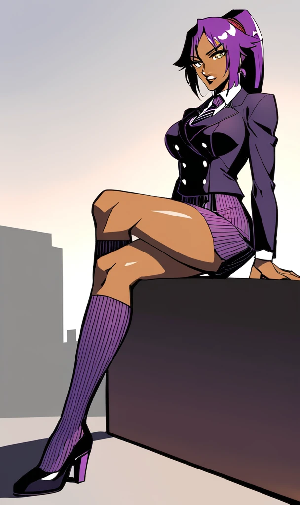  Full body Yoruichi as a thin Black business woman in a double breasted pinstripe purple  skirt suit while wearing a tie with a long purple pinstripe skirt and with purple knee socks 