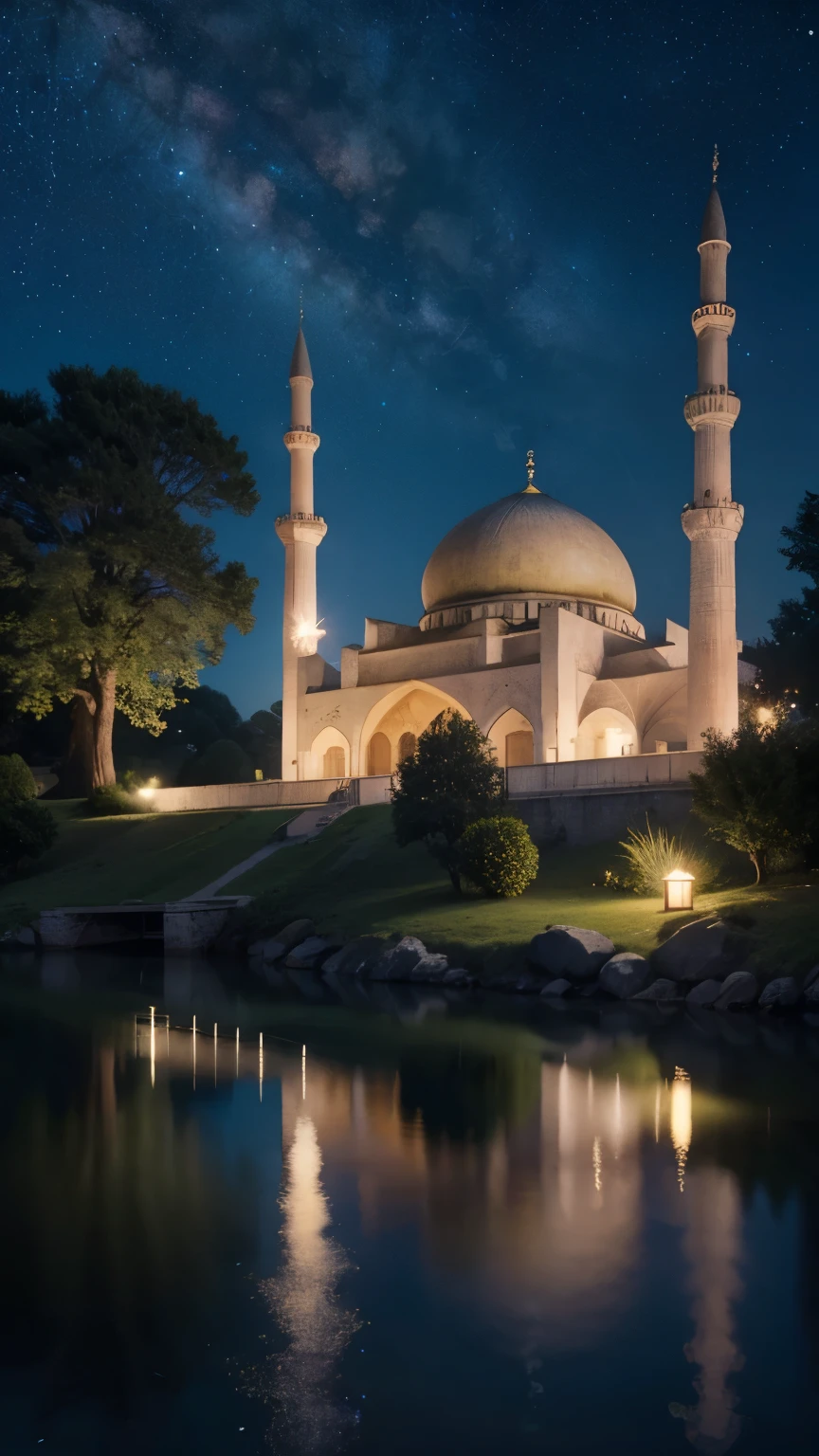 mosque, beautiful, exterior, trees,  sexy, river, night, (((stars in sky)))