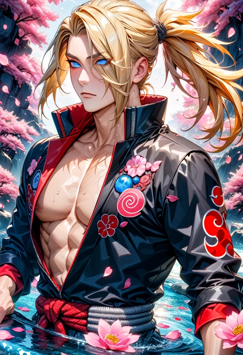 absurdres, highres, ultra detailed, HDR, master piece, best quality, Deidara, blonde hair, hair over the left eye, hair tied in a ponytail, expressive blue eyes, Naruto Shippuden, solo, sexy man, handsome, akatsuki, black coat, toned chest, water, pink flowers, pink blossoms, pink butterflies, pink petals