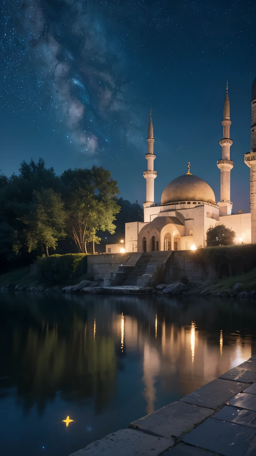 mosque, beautiful, exterior, trees,  sexy, river, night, (((stars in sky)))
