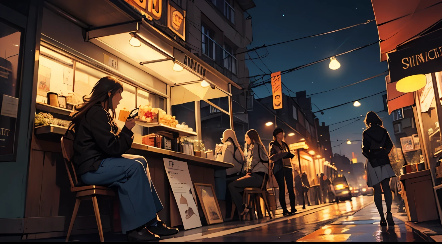 ((best qualtiy)), ((tmasterpiece)), (A detailed:1.4),((full bodyesbian)),Enhanced dynamic perspective,beautiful sexy girl,summer,Denim long skirt,,Lateral face,high-heels,Cool dragging,(Lunette de soleil),Come to me,(Future sci-fi city street,Egg-shaped building),(Sitting on a coffee stall on the side of the street drinking coffee),((Lateral face)),Street photography,Bright colors,nighttime scene,high qulity,super-fine,Detailed pubic hair,Accurate,Cinematic lighting,night lights