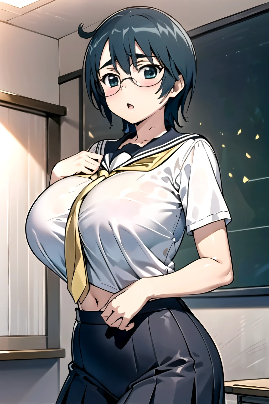 solo, 1girl, looking at viewer, flat colors, 2D, anime, anime coloring, upper body,indoor,classroom, miharu mikuni, , serafuku, yellow neckerchief, parted lips, looking at viewer,************* girls,Busty ****** high **************,(large breast:1.2),((huge breast)),(round breast),busty,full bust,slender,skinny body,ample breast,(Ample breasts),(A chest that protrudes forward:1.2),(Narrow waist:1.3),Troubled face,Sweat,blush,excited,Swollen breasts,stomach,cleavage