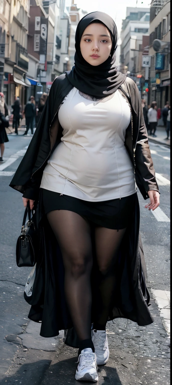 Milky white skin woman in black dress and hijab walking down the street, , hijab outfit, , hijab fashion model, plus size, plus size woman, , woman in black robes, beautiful woman, thicc, black outfit,, bbwchan , white sneakers , Height 170 cm, beautiful woman, with a beautiful appearance, a very beautiful masterpiece, a masterpiece of art, good lighting, Bright colors, Clean lines