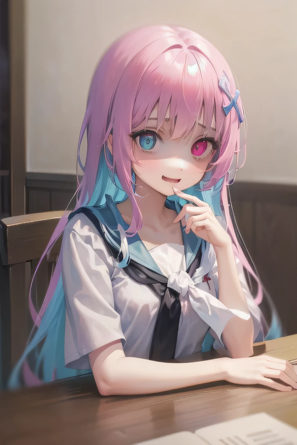 (Tabletop:1.0), (highest quality:1.4), (High resolution:1.2), From the side,Sharp contours,  boyish, highest quality, masterpiece,Glasses,Voice of the Heart,yandere,Browsing Caution,nude,facial,Excessive ,Chest to chest,Upper Body,Ecstasy,saliva,blush,Heterochromia iridis,Colorful Hair