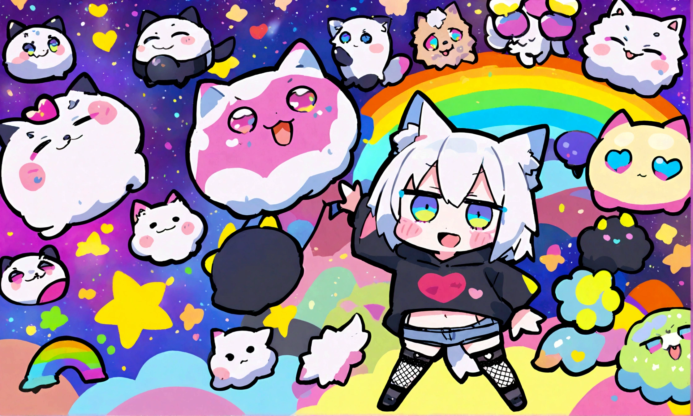 a cute chibi style adult male with wolf ears, white hair, has a wolf tail, wearing a loose cropped oversized black hoodie, wearing a pair of denim short shorts and fishnet stockings, thick thighs, wide hips, dancing on mound of fluffy multi colored kawaii plushies, short, very slim, showing slender tummy, heart on hoodie, squishy thighs, has glowing blue eyes. alone, solo (ALONE)(SOLO), surrounded by rainbows, colorful galaxy backround, big happy open mouthed smile on his face