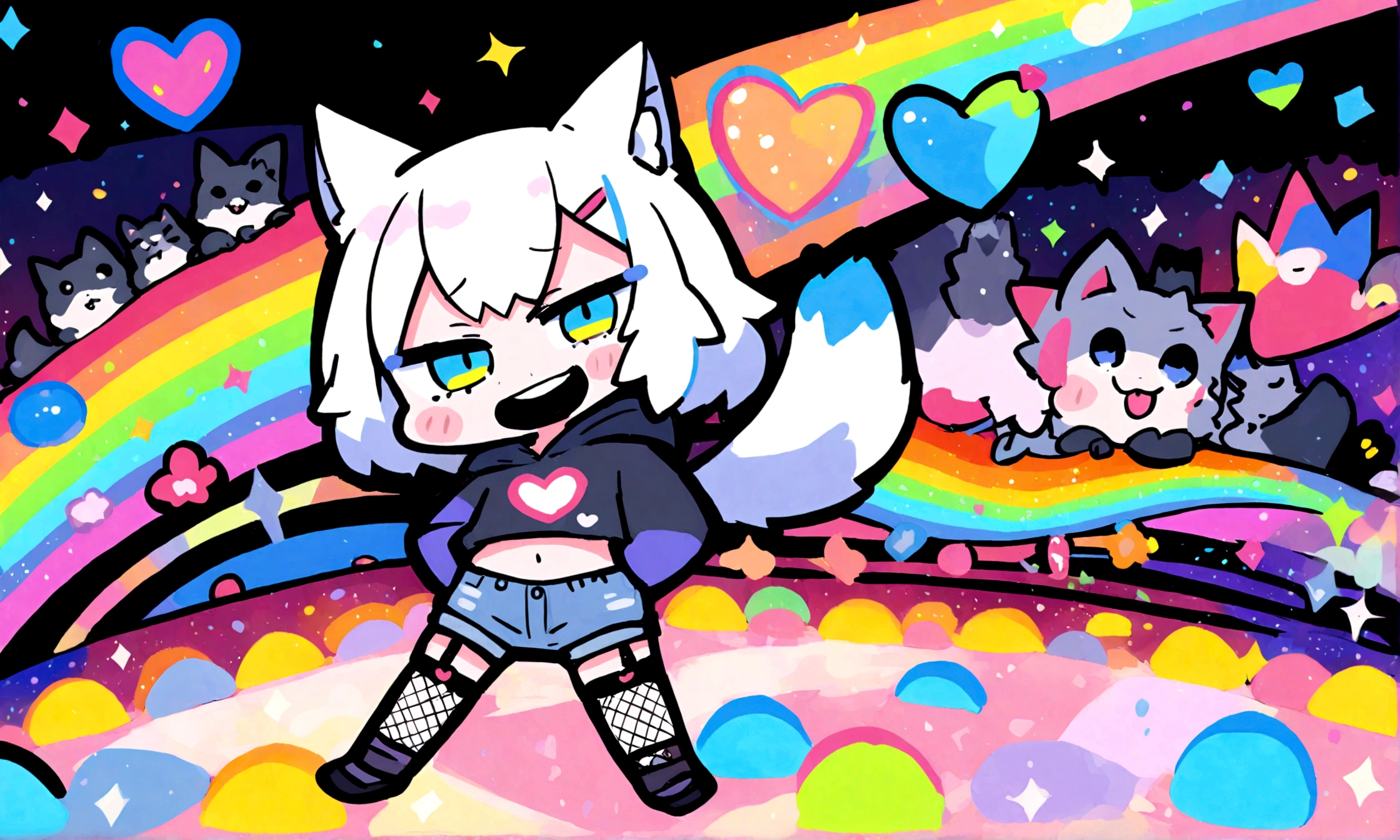 a cute chibi style adult male with wolf ears, white hair, has a wolf tail, wearing a loose cropped oversized black hoodie, wearing a pair of denim short shorts and fishnet stockings, thick thighs, wide hips, dancing on mound of fluffy multi colored kawaii plushies, short, very slim, showing slender tummy, heart on hoodie, squishy thighs, has glowing blue eyes. alone, solo (ALONE)(SOLO), surrounded by rainbows, colorful galaxy backround, big happy open mouthed smile on his face