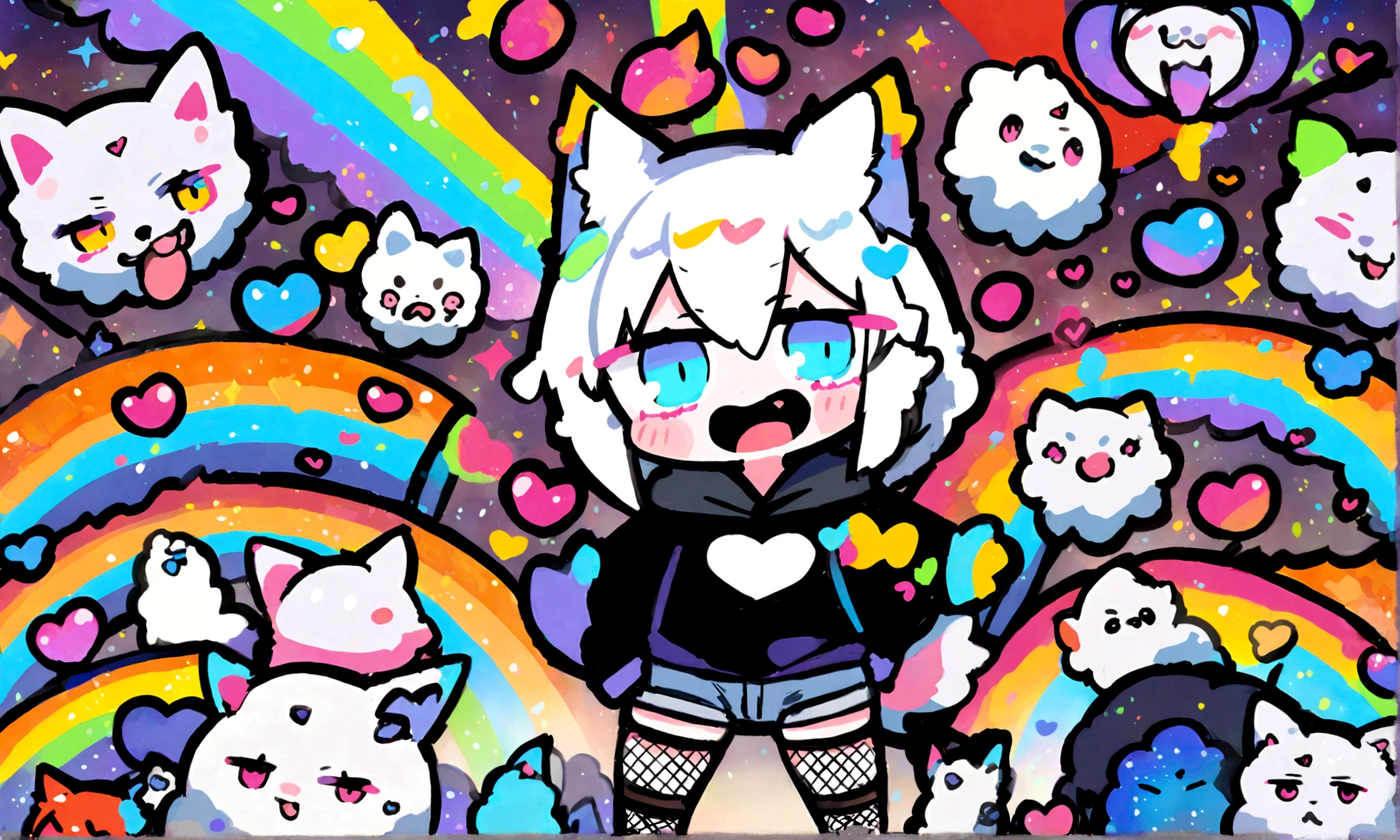 a cute chibi style adult male with wolf ears, white hair, has a wolf tail, wearing a loose cropped oversized black hoodie, wearing a pair of denim short shorts and fishnet stockings, thick thighs, wide hips, dancing on mound of fluffy multi colored kawaii plushies, short, very slim, showing slender tummy, heart on hoodie, squishy thighs, has glowing blue eyes. alone, solo (ALONE)(SOLO), surrounded by rainbows, colorful galaxy backround, big happy open mouthed smile on his face