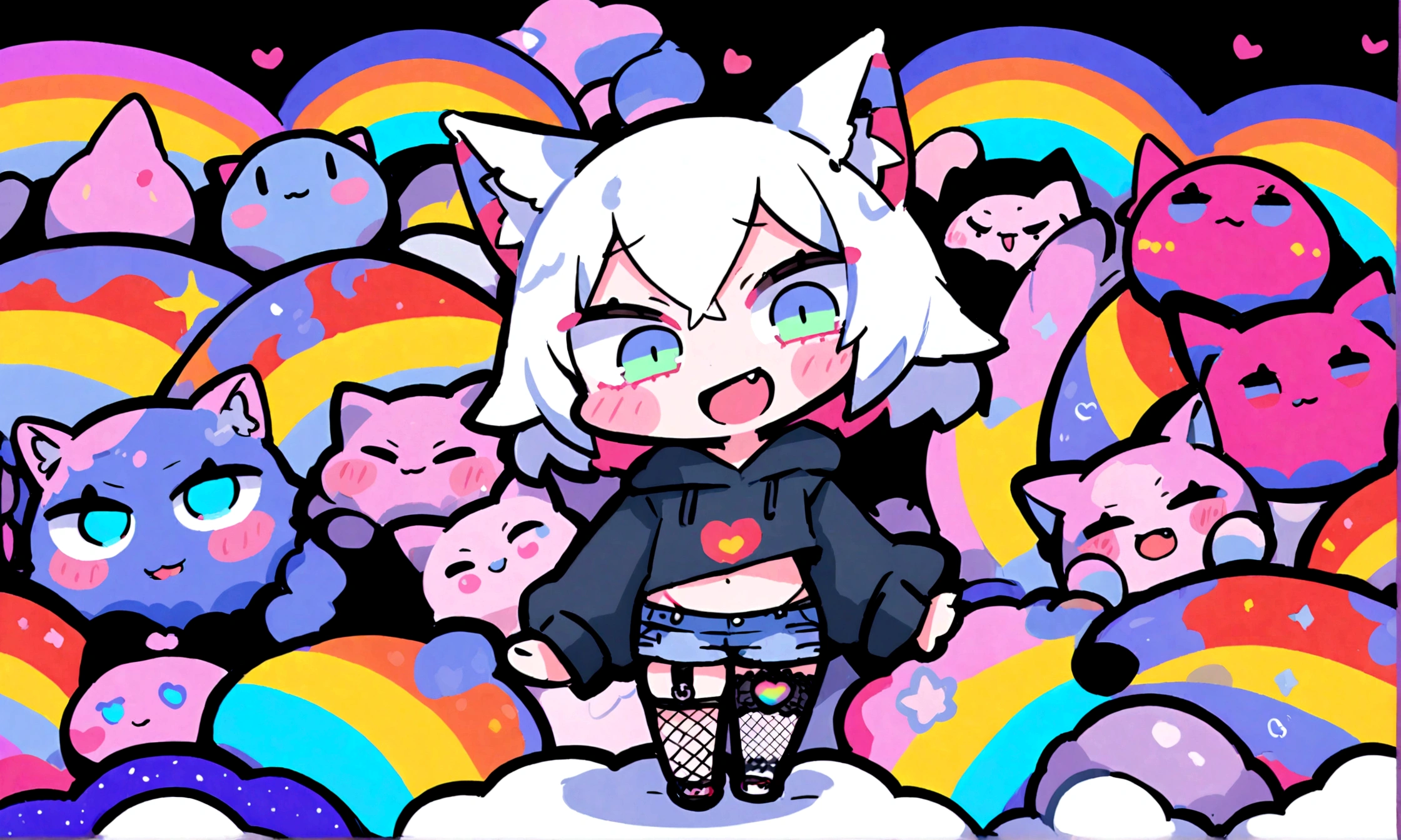 a cute chibi style adult male with wolf ears, white hair, has a wolf tail, wearing a loose cropped oversized black hoodie, wearing a pair of denim short shorts and fishnet stockings, thick thighs, wide hips, dancing on mound of fluffy multi colored kawaii plushies, short, very slim, showing slender tummy, heart on hoodie, squishy thighs, has glowing blue eyes. alone, solo (ALONE)(SOLO), surrounded by rainbows, colorful galaxy backround, big happy open mouthed smile on his face