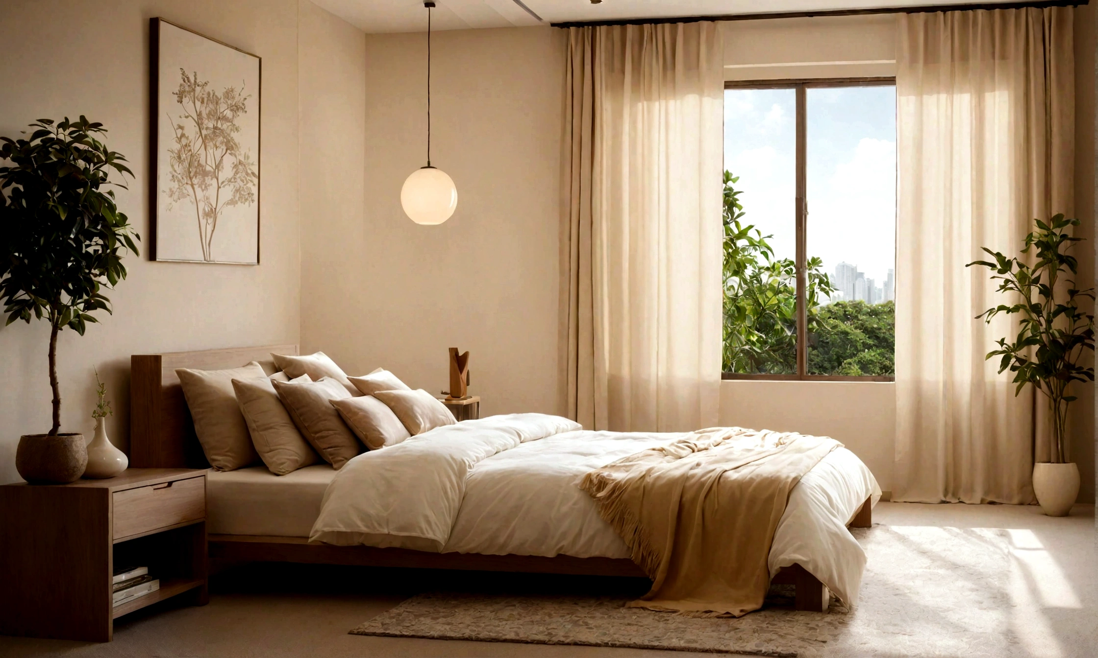 Creamy room，There is a bed，There is a quilt and pillow on it，carpet, 宁静的bedroom环境, Sunlight, plant，Bedside Table，curtain，lamp，interior design photography, bedroom, bedroom内饰, award winning interior design, furniture photography, Beige atmosphere, 丰富的lamp光, Interior photography