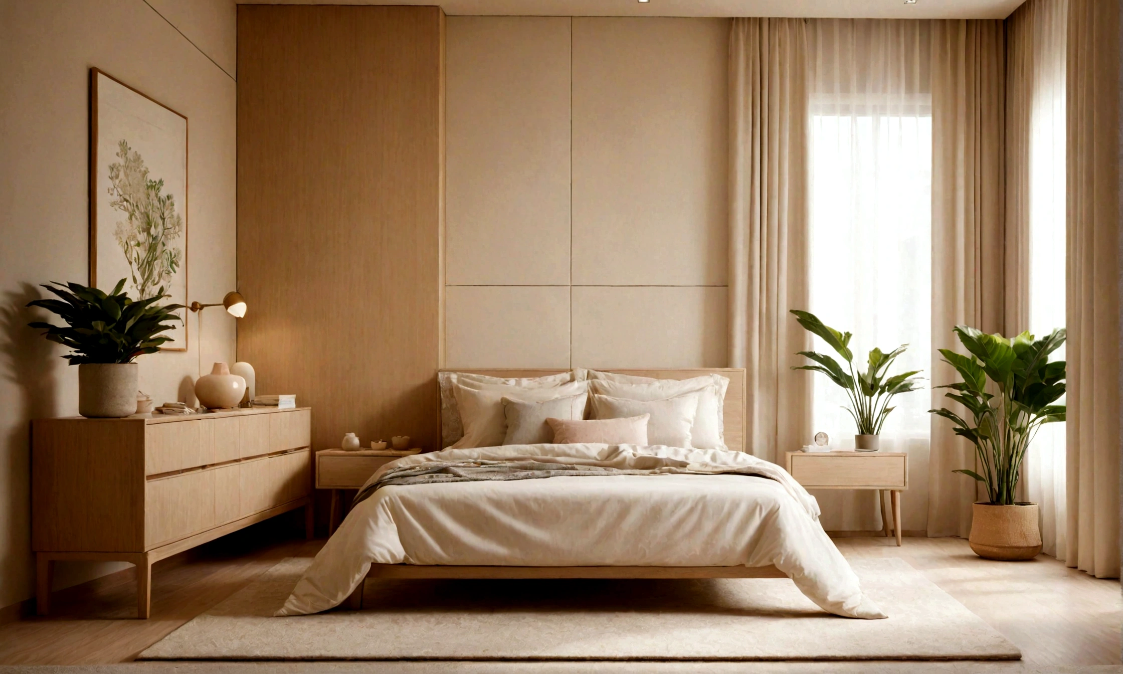 Creamy room,There is a bed,There is a quilt and pillow on it,carpet, 宁静的bedroom环境, Sunlight, plant,Bedside Table,curtain,lamp,interior design photography, bedroom, bedroom内饰, award winning interior design, furniture photography, Beige atmosphere, 丰富的lamp光, Interior photography
