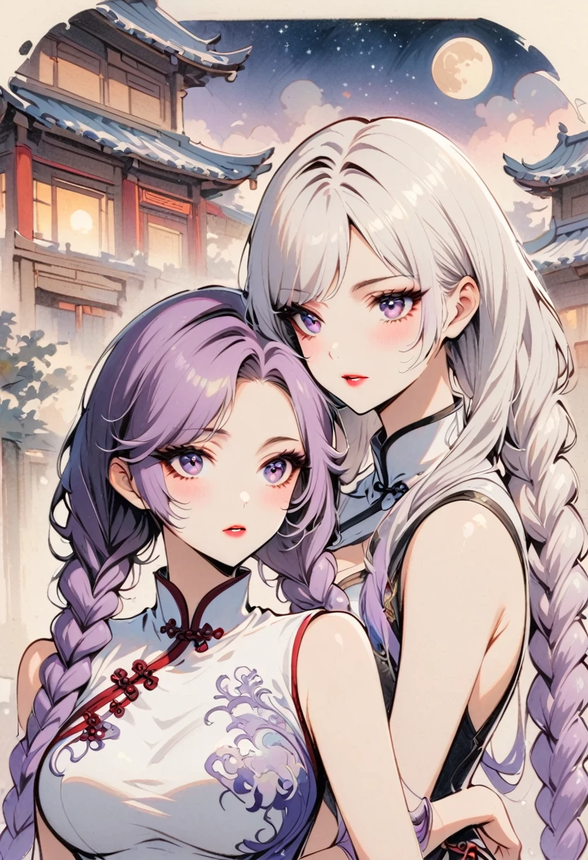 Retro Style, Chinese cheongsam sexy,High-end fashion,A couple of lovers staring at each other, yinji, purple hair, purple eyes, long hair, white hair, double braids, gradient hair,Fine details,Chic and stylish,Perfect makeup,Gorgeous expression,Beautiful and delicate eyes,Beautiful and delicate lips,Professional photography,colorful dress,Fashion Accessories,Brilliant jewelry,Luxurious fabrics,Elegant embroidery,Exquisite patterns,outdoor,(Chinese Architecture),traditional media, (moon: 1.2), Starry Sky, (Light Particles: 1.1), FOG , Snow Painting,