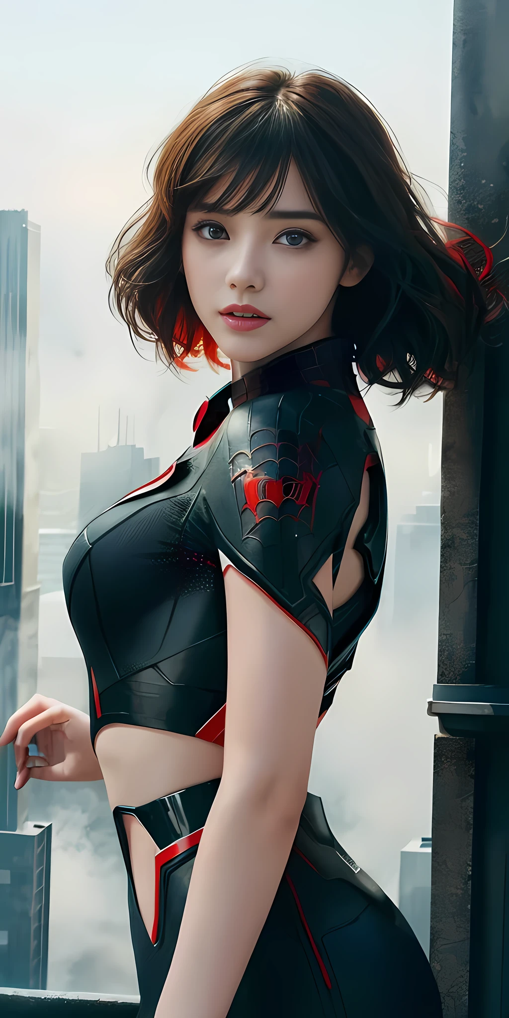 (1girl:1.3), Solo, (((Very detailed face)))), ((Very detailed eyes and face)))), Beautiful detail eyes, Body parts__, Official art, Unified 8k wallpaper, Super detailed, beautiful and beautiful, beautiful, masterpiece, best quality, original, masterpiece, super fine photo, best quality, super high resolution, realistic realism, sunlight, full body portrait, amazing beauty, dynamic pose, delicate face, vibrant eyes, (from the front), She wears Spider-Man suit, red and black color scheme, spider, very detailed city roof background, rooftop, overlooking the city, detailed face, detailed complex busy background, messy, gorgeous, milky white, highly detailed skin, realistic skin details, visible pores, clear focus, volumetric fog, 8k uhd, DSLR, high quality, film grain, fair skin, photo realism, lomography, futuristic dystopian megalopolis, translucent