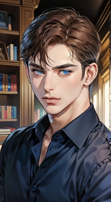 masterpiece, best quality, realistic, 1man, mature male, quiet and charming young man, 35years old, a smirk, closed mouth, portrait, extremely detailed face, a little distant, ((blue eyes)), ((short-right-swept dark brown hair)), [thick eyebrows], bookstore ((blue shirt)), handsome male