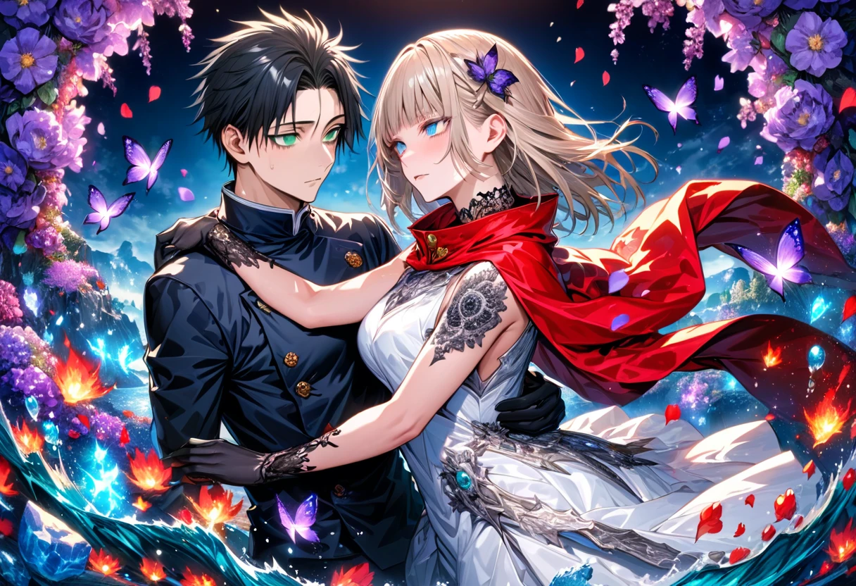 Ultra detailed, highres, absurdres, HDR, master piece, Okkotsu Yuuta, black hair, expressive dark blue eyes, Aida, ash blond hair with bangs, green eyes, white fantasy dress with black patterns, red cape, Jujutsu Kaisen, fantasy, petals, purple butterflies, purple flowers, water, black ribbon on her hair, black gloves, a handsome man together with a beautiful woman, sexy, couple, love, magic, best quality, extremely detailed face and eyes,