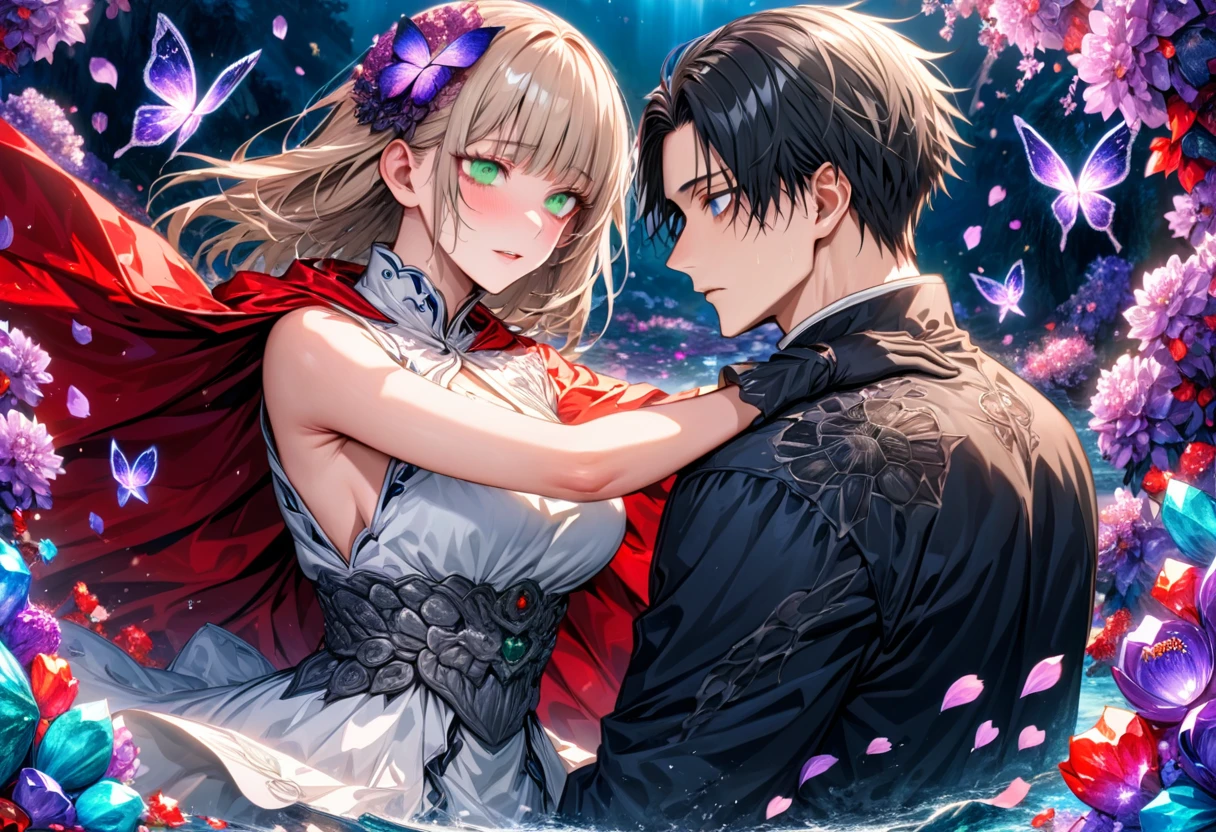 Ultra detailed, highres, absurdres, HDR, master piece, Okkotsu Yuuta, black hair, expressive dark blue eyes, Aida, ash blond hair with bangs, green eyes, white fantasy dress with black patterns, red cape, Jujutsu Kaisen, fantasy, petals, purple butterflies, purple flowers, water, black ribbon on her hair, black gloves, a handsome man together with a beautiful woman, sexy, couple, love, magic, best quality, extremely detailed face and eyes,