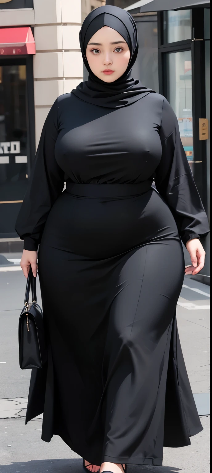 woman in black dress and hijab walking down the street, , hijab outfit, , hijab fashion model, plus size, plus size woman, , woman in black robes, beautiful woman, thicc, black outfit,, bbwchan