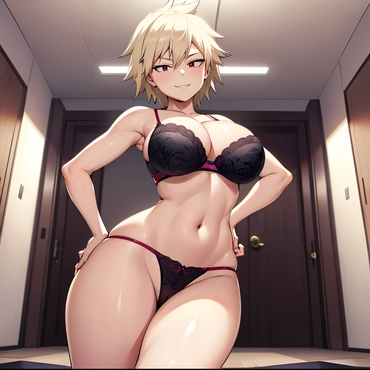 1 girl, alone, mitsuki bakugou, (high definition)), ((best quality)), standing, room, house, living room, mature woman, sexy posture, sexy body, red eyes, dull blonde hair, short hair , (lingerie purple), (1 piece lingerie), , ((seductive smile)), seductive,((looking at viewer)), looking back, from behind, focus on ass,pov(from below),((silly smile) ),((large breasts)),(medium waist),(wide hips),(medium thighs),(round butt),((carpeted floor)),1girl,alone, room, bedroom, (woman standing), ((hands on hips)), (barefoot), perfect anatomy, perfect hands,