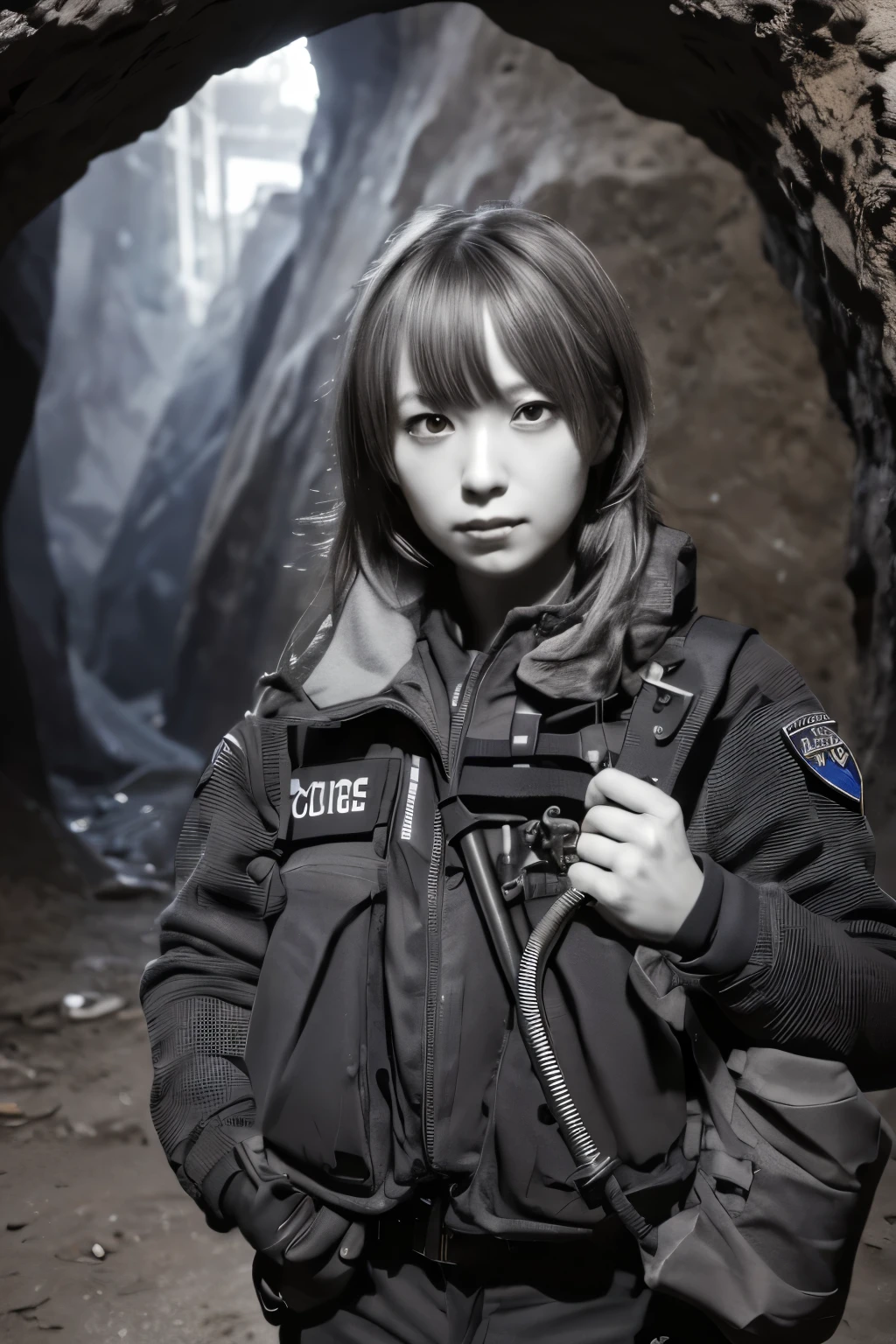 8k,absurdres, highres, ultra detailed, masterpiece, sharp shading,under,Tatsuyuki,portrait,cave,
1girl,police uniform,abandon staion,monocolor,obsolete machine,wire,pipe,looking at viewer
(solo:1.2),,