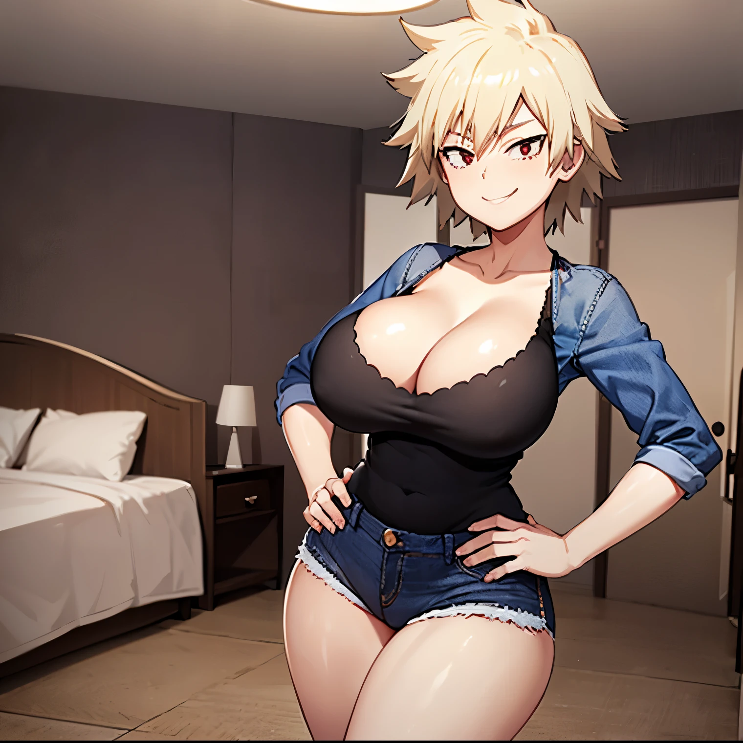 1girl,alone,mitsuki bakugou,(High definition)), ((best quality)), mature woman,sexy posture,sexy body, red eyes, dull blonde hair, short hair,(tank top), (black shirt), tight shirt,cleavage,(blue jeans), tight jeans,black heels, ((seductive smile)), ((looking at viewer)),looking back,from behind,focus on ass,pov(from below),( (silly smile)), (cleavage), ((big breasts)),(medium waist),(wide hips),(medium thighs),(round butt),((carpeted floor)),((bedroom)), bed, dressing table, 1girl, alone,  (standing woman), ((hands on hips)), perfect anatomy, perfect hands,