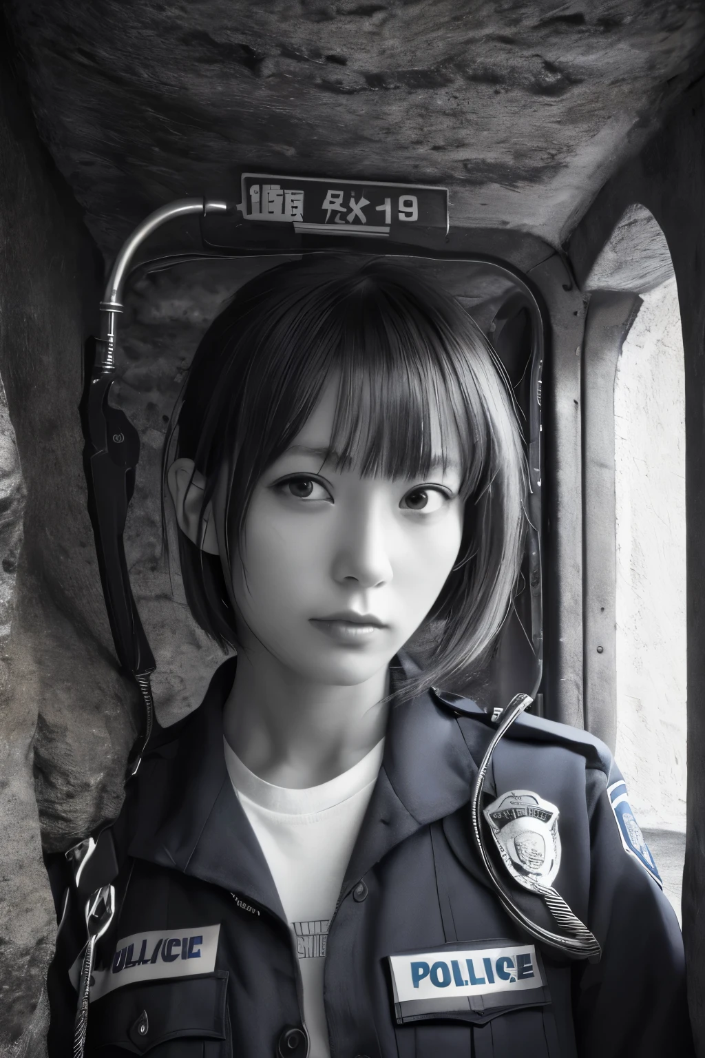 8k,absurdres, highres, ultra detailed, masterpiece, sharp shading,under,Tatsuyuki,portrait,cave,
1girl,police uniform,abandon staion,monocolor,obsolete machine,wire,pipe,looking at viewer
(solo:1.2),,