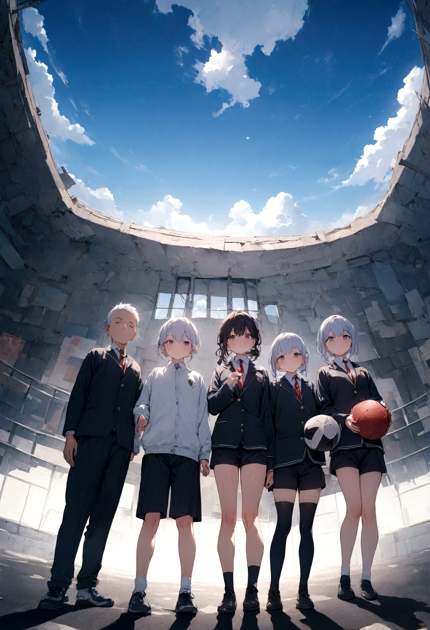 ((RAW Photos)), ((masterpiece)),masterpiece, highest quality, ,, View Viewer, A man wearing shorts with his , With cloud, With blue sky, With a beautiful sky、Primary school students、Primary school students男子、Holding the ball、beautiful、cute、high resolution、Sports、Front facing、Two people stand side by side、The whole body is shown、Stand at an angle