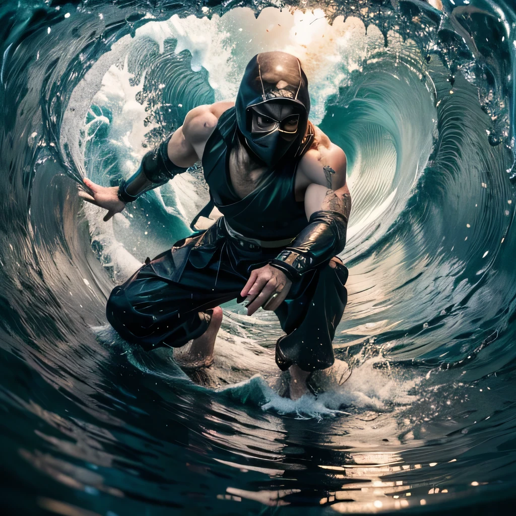 raw photo , 8K, ultra detailed, (realistic:1.2), (1man, ninja, masked:1.4), 30yo,(dynamic, thigh),(wave:1.4),