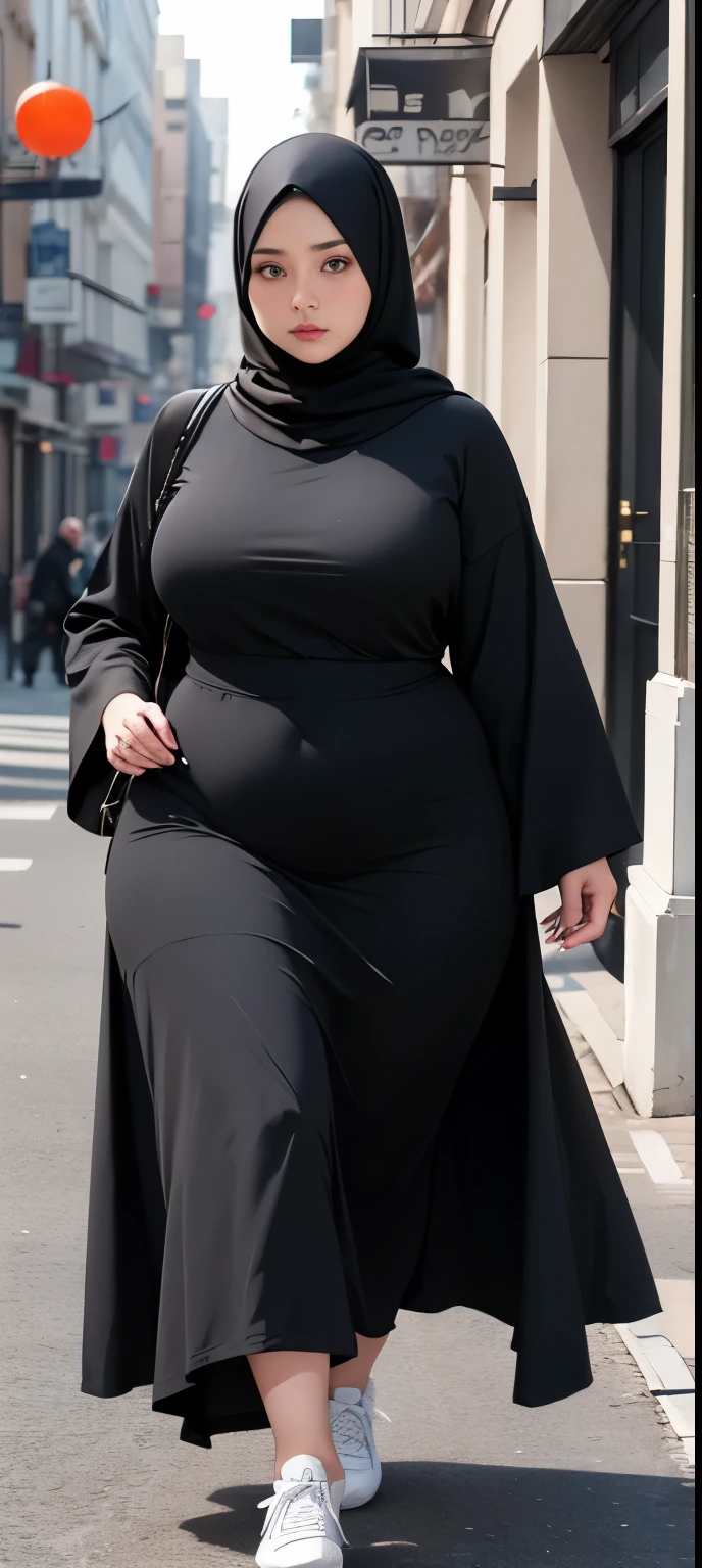  woman in  black dress and hijab walking down the street, ,  hijab outfit, ,  hijab fashion model, plus size, plus size woman, ,  woman in black robes, beautiful woman, thicc, black outfit,, bbwchan , white sneakers 