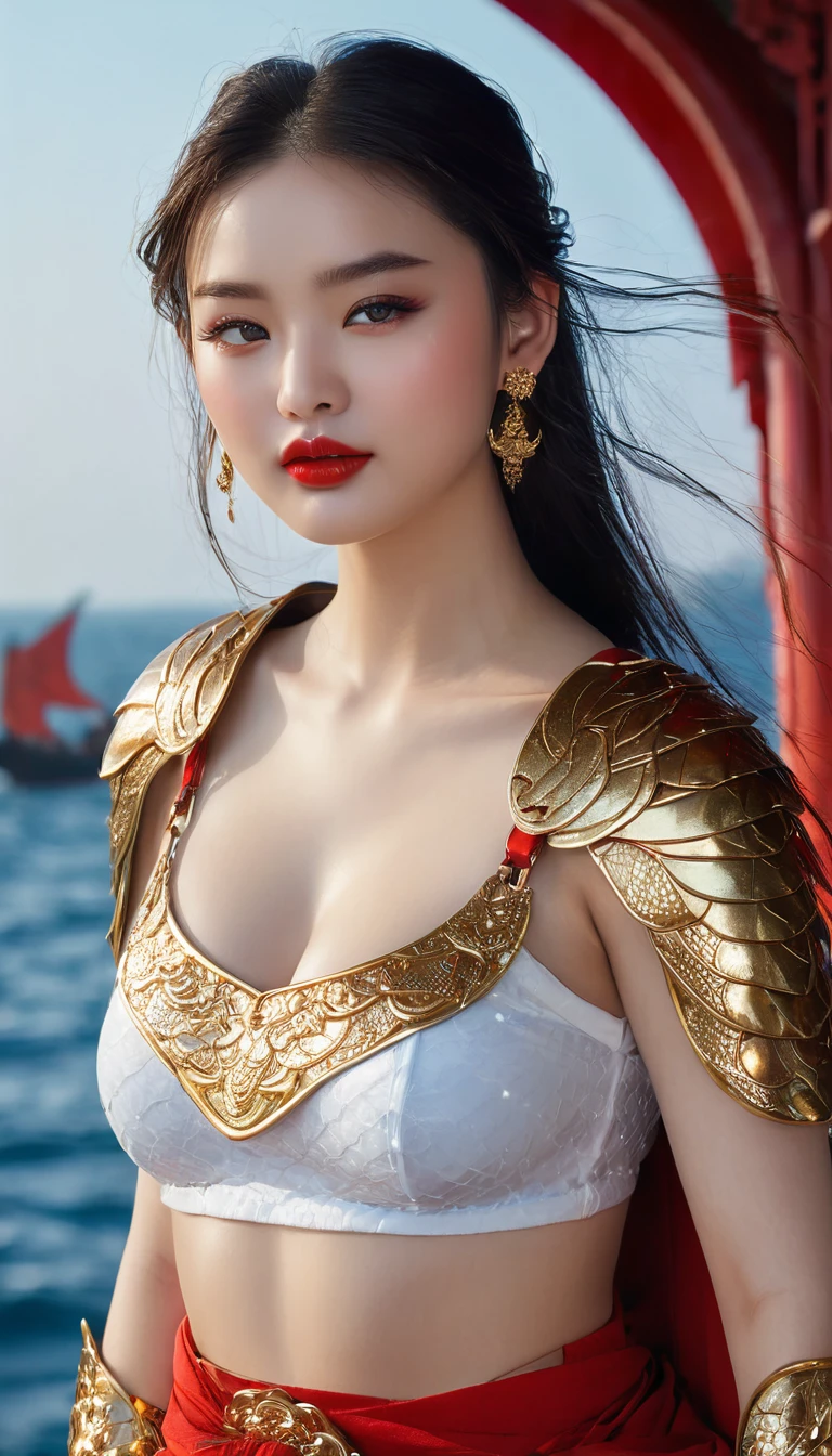 very beautiful girl;
Age: from 18-20 years old;
skin: ivory white, flawless rosy, smooth texture;
hair: golden red, smooth, flowing in the sunlight, detailed;
eyes: blue, super detailed, seductive, sharp makeup, realistic, glitter, wet;
eyelids: delicate, perfect beauty;
Eyebrows: arched, sparse, sharp;
face: beautiful like a fairy, saintly, light makeup, perfectly balanced, beautiful in every detail, extremely sharp focus;
nose: pretty, lovely, high;
Cheekbones: prominent;
lips: seductive, (hot red lipstick), lovely lip gloss;
teeth: smile brightly, pure white;
body: full of vitality, tight clothes;
accessories: necklaces, earrings, bracelets;
breasts: big and full, nipples are full, deep, firm, tight with bra, nipples protruding high;
buttocks: plump, tight-fitting underwear;
bra: mesh fabric, metallic thread, shiny;
shirt: very thin silk fabric, red silk belt, exposed belly;
underwear: shiny leather, colorful, tight-fitting, bright red;
((girl wearing golden armor, ornately decorated dragon scales; wearing long golden boots with fancy decorations; necklaces, necklaces and jewelry made of solid gold; wearing large gold earrings));
Photo quality: masterpiece, highest quality, non-NSFW, 8K CG HD, sharp, super beautiful graphics, professional, detailed, brilliant colors, super smooth, advanced techniques, true RAW ;
lighting: complex color scheme, golden-black rays;
sunlight: sparkling, illuminating the girl's body;
Background: ancient Asian battlefield, feudal period;
((Panoramic photo of a girl standing on a majestic, luxurious warship; holding an ancient spear, big and long, mysterious, conquering the ocean));