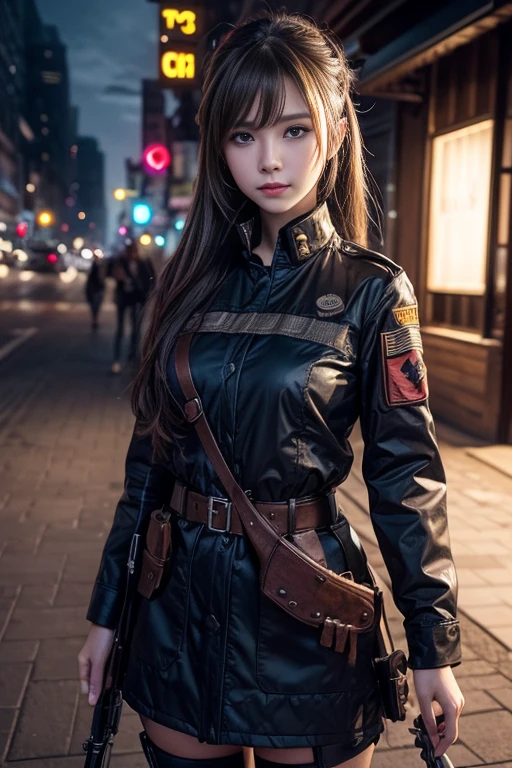(extremely detailed CG unity 8k wallpaper),(masterpiece), (best quality), (ultra-detailed), (best illustration),(best shadow), cowboy shot, (sharp eyeliner, eyeshadow, detailed eyes:1.1), (city background:1.2), ,BREAK , mod3 (girls' frontline), ,
