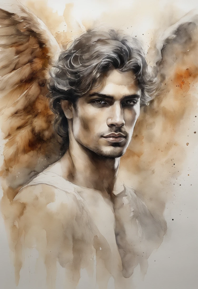 A zoomed in view of a handsome and sexy young man with angel wings , capturado em cores , his eyes looking directly at the viewer with an intense expression, his features etched with a sense of mystery and allure, cercado por tufos de neblina, adding an ethereal touch, Escultura, Homen sexy Bonito atletico beleza italiana angelical com asas e plumas . Aquarela tinta pintura. Textura de tintas aquarela pingos e respingos de tinta