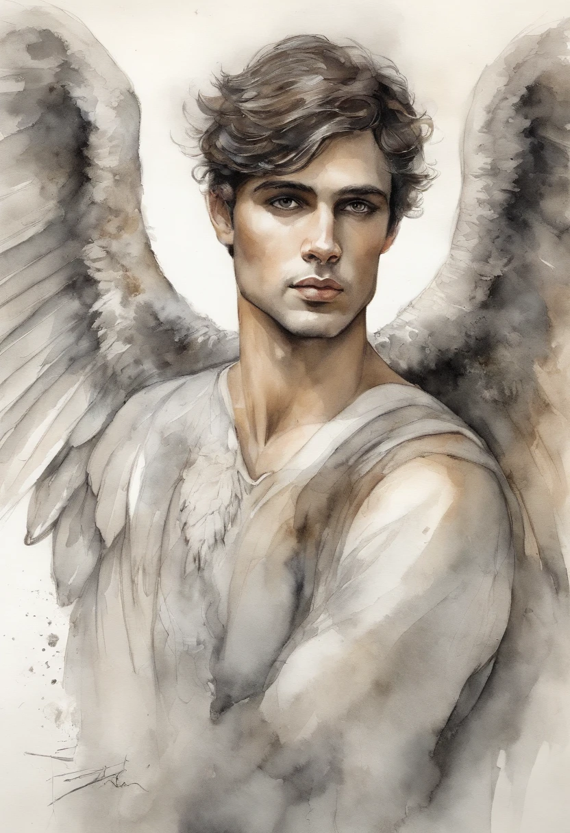 A zoomed in view of a handsome and sexy young man with angel wings , capturado em cores , his eyes looking directly at the viewer with an intense expression, his features etched with a sense of mystery and allure, cercado por tufos de neblina, adding an ethereal touch, Escultura, Homen sexy Bonito atletico beleza italiana angelical com asas e plumas . Aquarela tinta pintura. Textura de tintas aquarela pingos e respingos de tinta