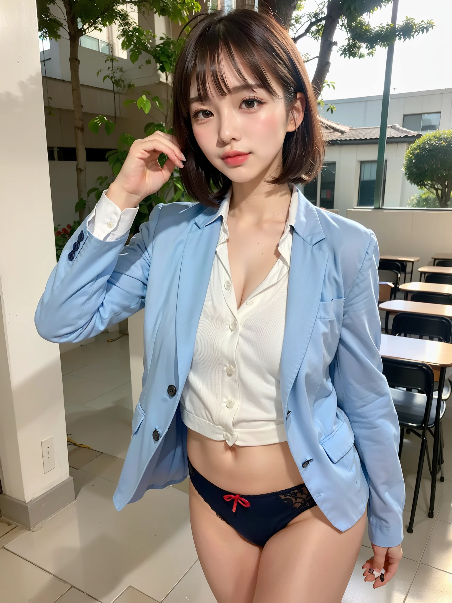 ((Best of the highest quality, 8k, Masterpiece: 1.3, raw photo)), Sharp focus: 1.2, (1 AESPA, slim body type female, 21 y/o: 1.1), (Solo: 1.2), (realistic, photo-realistic:1.37), face focus, cute face, finely eyes, (droopy eyes: 1.32), (Emphasize prominent aegyo-sal with bright: 1.2), shimmering eyeshadow applied under the lower lash line, paired with thick, (from behind: 1.1), (small breasts, flat chest, Thigh: 1.3), (short messy bob, bangs: 1.28), (wearing blazer and shirt of school uniform, panties: 1.32), (ribbon: 1.2), walking terrace office, sun light, flower