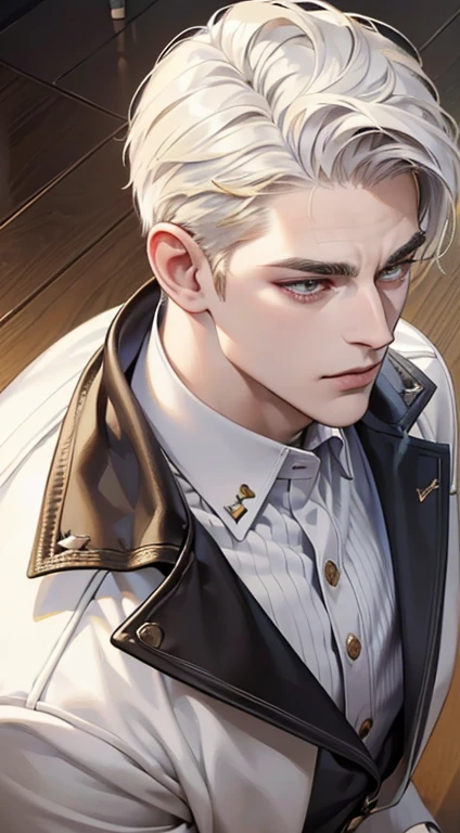 (best quality, masterpiece, 8K, photorealistic, cinematic lighting, 1:4 hdr image, top view, ultra detailed, beautiful image), a mature man, very handsome, short white hair, gold eyes, perfect face without errors , (CEO).