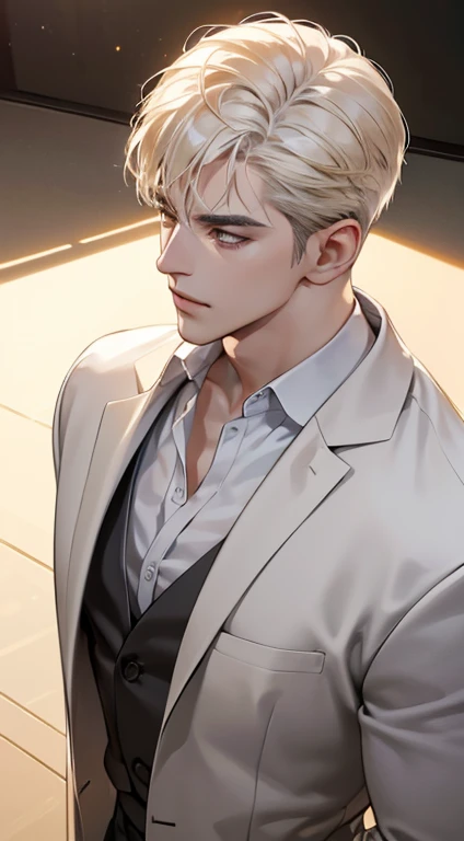 (best quality, masterpiece, 8K, photorealistic, cinematic lighting, 1:4 hdr image, top view, ultra detailed, beautiful image), a mature man, very handsome, short white hair, gold eyes, perfect face without errors , (CEO).