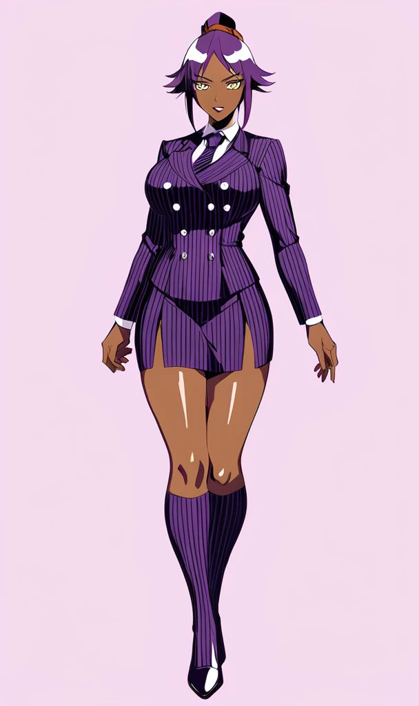 Full body Yoruichi as a thin Black business woman in a double breasted pinstripe purple skirt suit while wearing a tie with a long purple pinstripe skirt and with purple knee socks