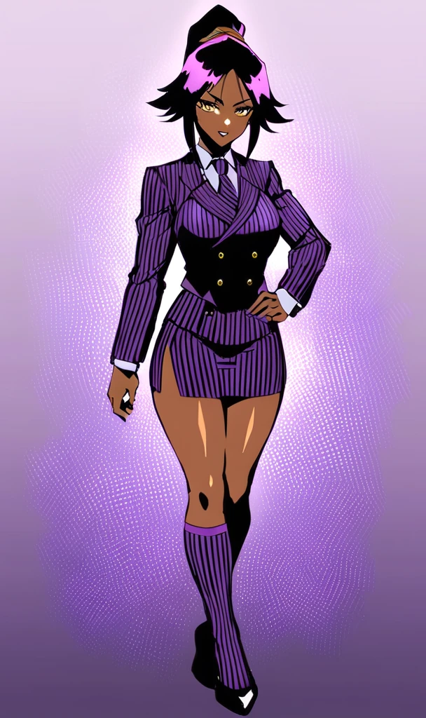 Full body Yoruichi as a thin Black business woman in a double breasted pinstripe purple skirt suit while wearing a tie with a long purple pinstripe skirt and with purple knee socks