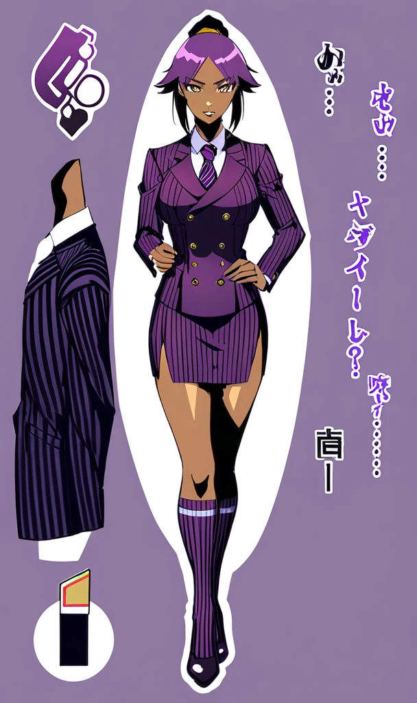  Full body Yoruichi as a thin Black business woman in a double breasted pinstripe purple  skirt suit while wearing a tie with a long purple pinstripe skirt and with purple knee socks 