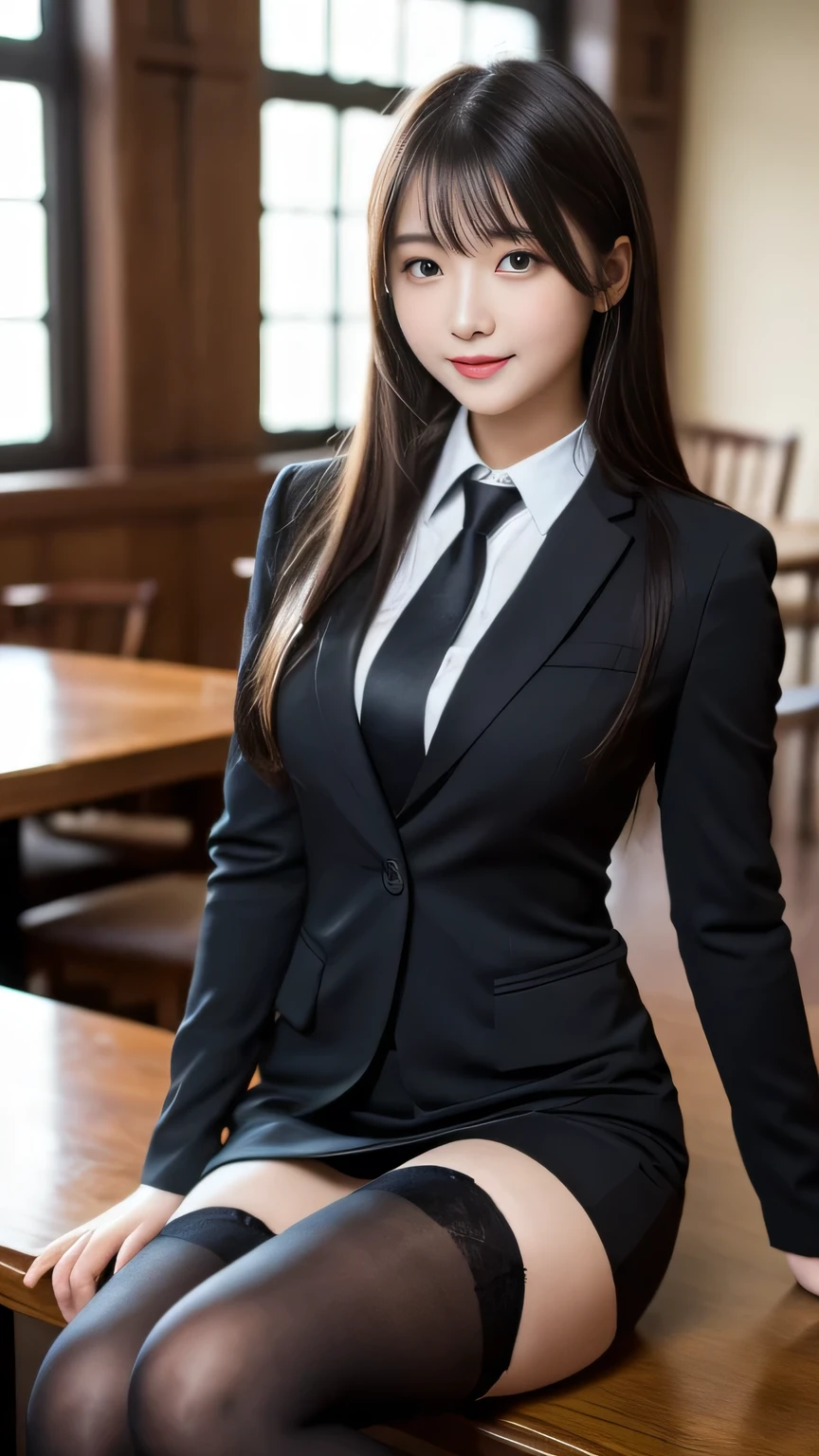 Tabletop, highest quality, shape, Very detailed, finely, High resolution, 8k wallpaper, Perfect dynamic composition, Beautiful and beautiful eyes, suit,Natural color lip, smile、18-year-old girl,When wearing black tights or stockings、Plump thighs、Shortcuts