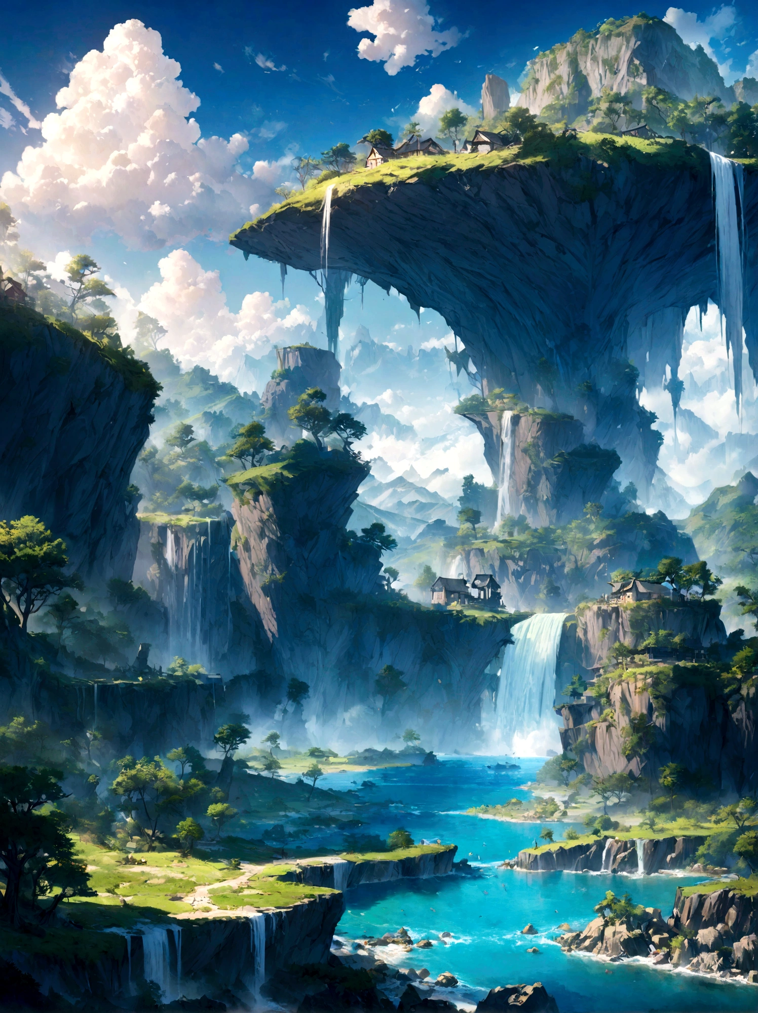 ({{High resolution,}},masterpiece,Extremely detailed,best quality,8K)cloud, sky空, landscape, sky, blue_sky空, Mountain, cloudy_sky空, outdoor, waterfall, fantasy, horizon, cliff, rock, water, landscape, Mountainous_horizon, ocean, Tree, river, floating_island