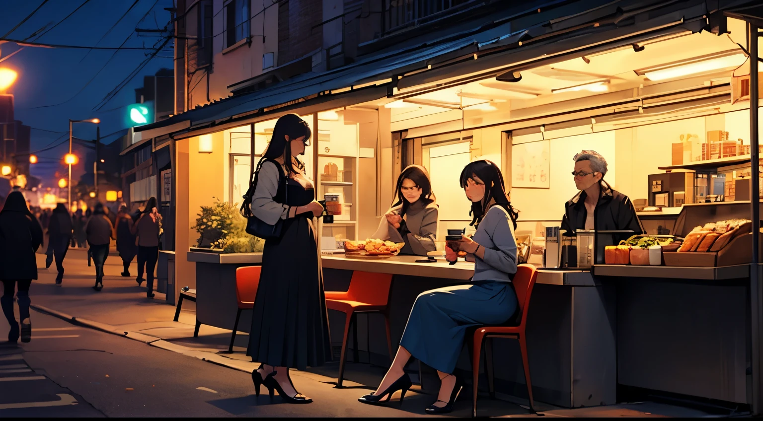 （（best qualtiy））， （（tmasterpiece））， （A detailed：1.4），（（full bodyesbian）），Enhanced dynamic perspective，beautiful sexy girl，summer，Denim long skirt，，Lateral face，high-heels，Cool dragging，（Lunette de soleil），Come to me，（Future sci-fi city street，Egg-shaped building），（Sitting on a coffee stall on the side of the street drinking coffee），（（Lateral face）），Street photography，Bright colors，nighttime scene，high qulity，super-fine，Detailed pubic hair，Accurate，Cinematic lighting，night lights